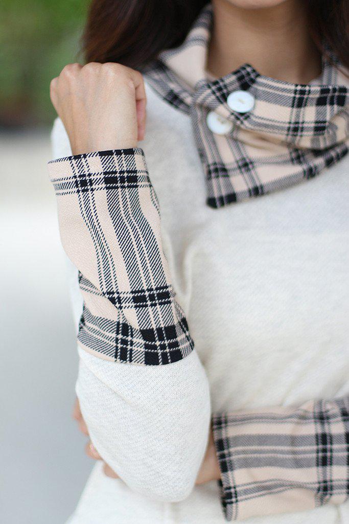 Charming Ivory and Taupe Plaid Cowl Neck Long - Sleeve Top