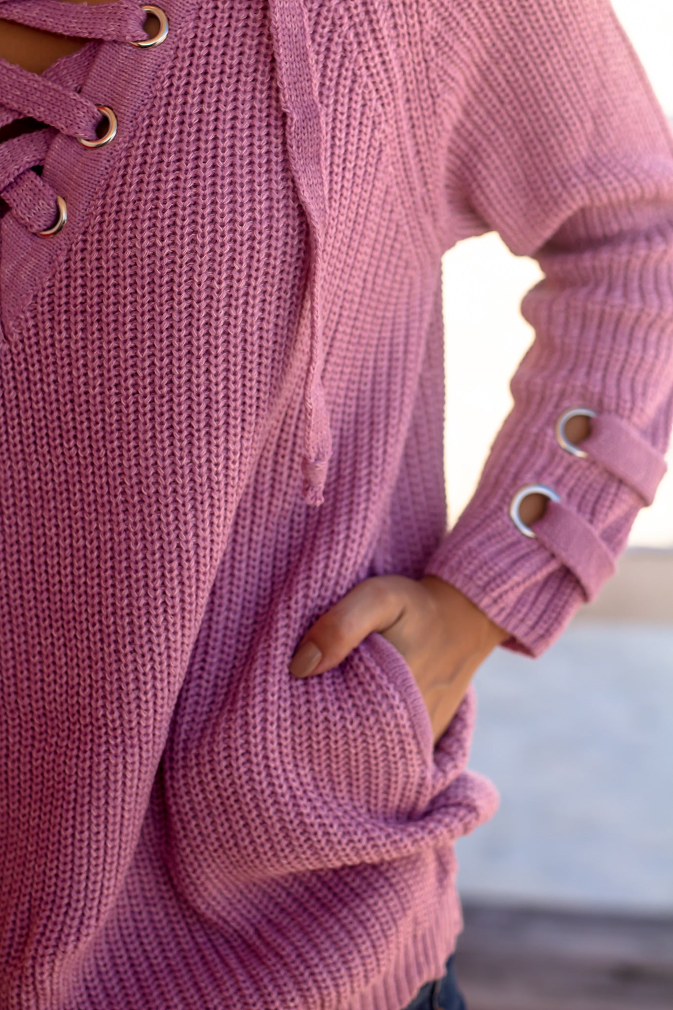 Charming Lilac Lace-Up Acrylic Knit Sweater for Fall and Winter