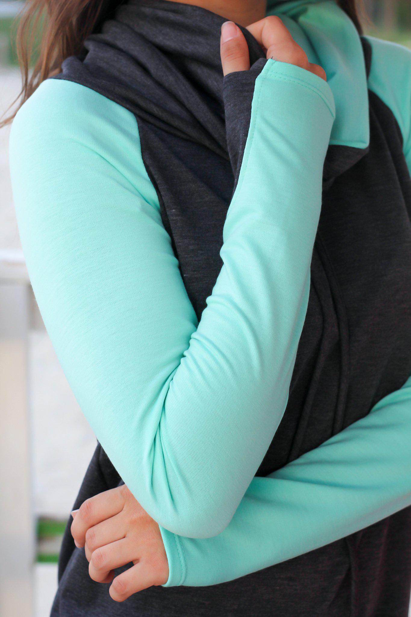 Stylish Charcoal and Mint Color - Blocked Pullover Sweater for Cozy Wear