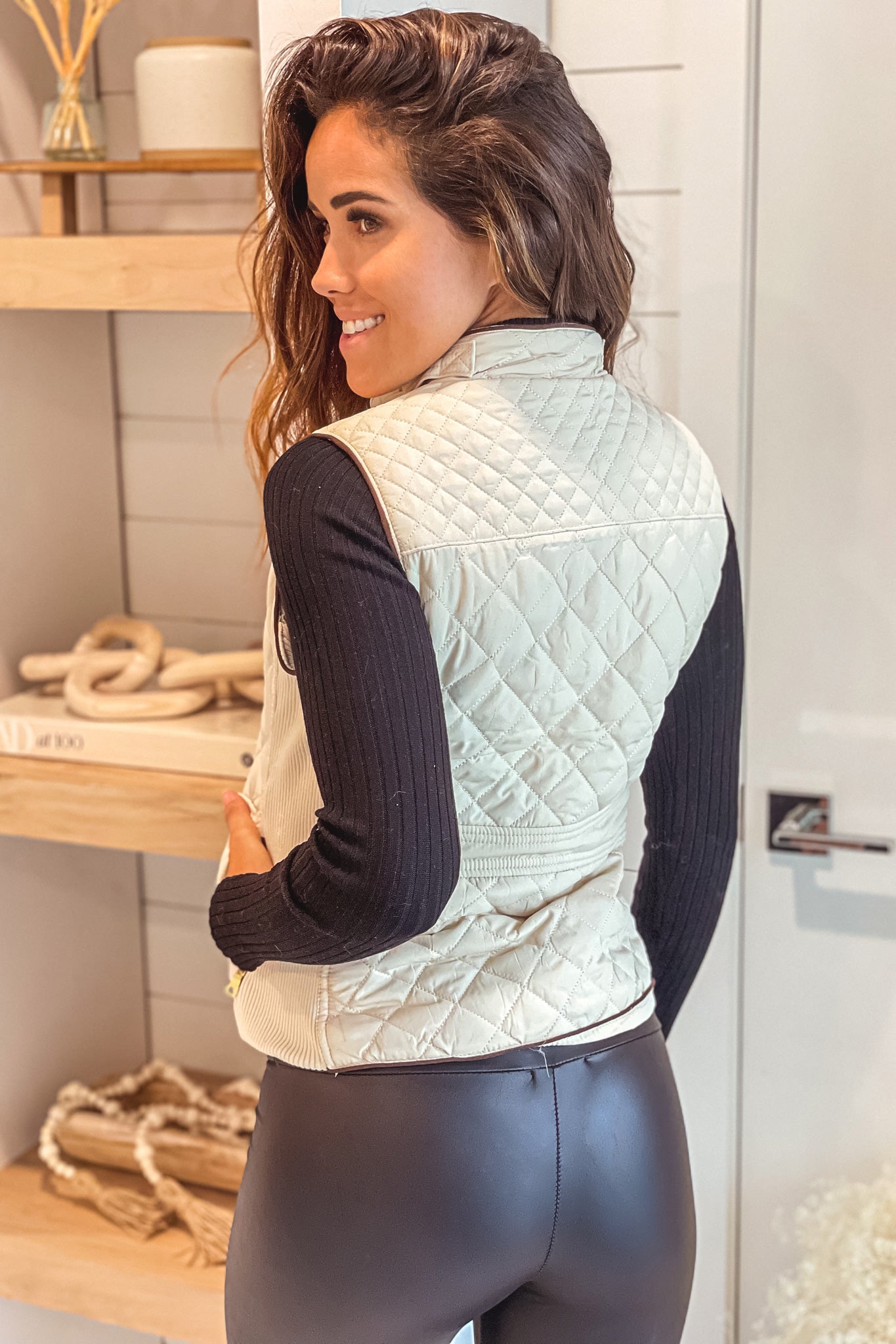 Stylish Ivory Quilted Women's Vest with Brown Trim and Zipper Pockets