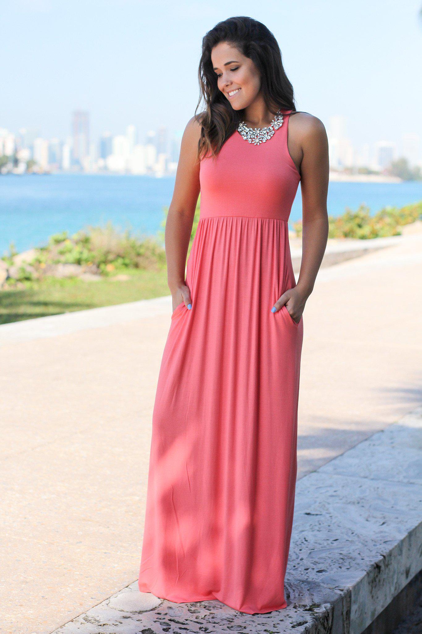Comfy Light Coral Maxi Dress with Practical Pockets