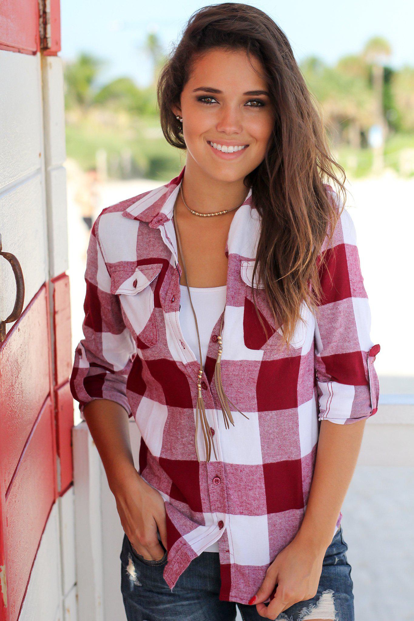 Stylish Burgundy and White Checkered Long - Sleeve Button - Up Women's Top