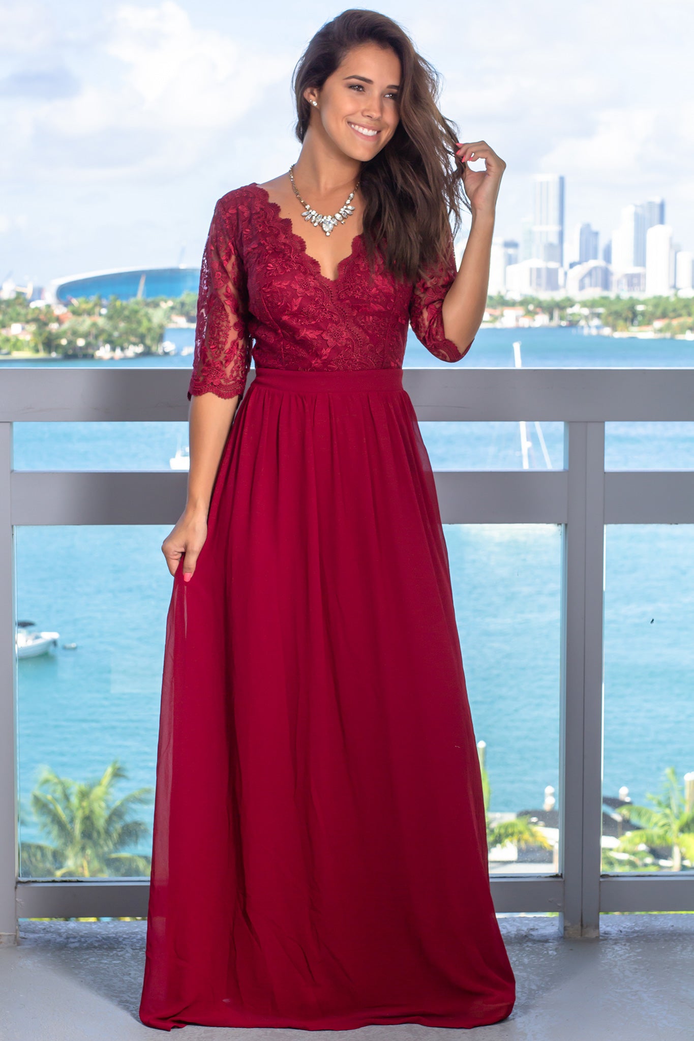 Gorgeous Burgundy Embroidered Top Long Maxi Dress for Bridesmaids