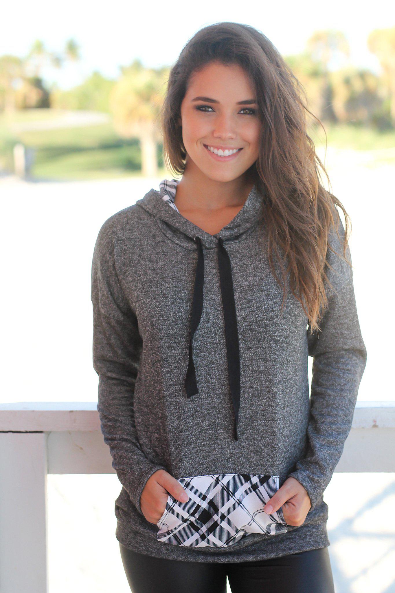 Stylish Charcoal Hoodie Featuring Charming Plaid Details