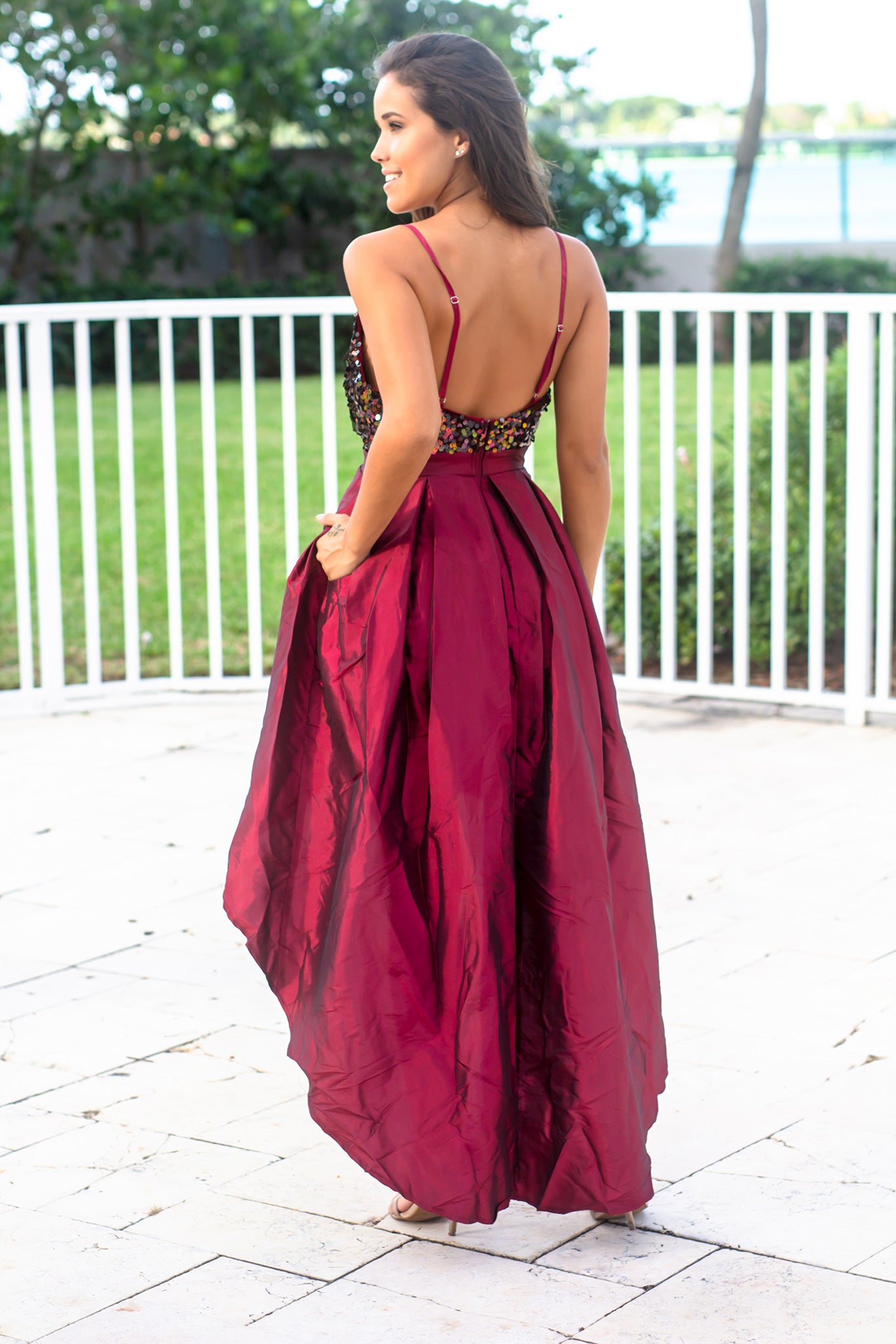 Gorgeous Burgundy Sequin Top High Low Women's Evening Dress with Functional Pockets