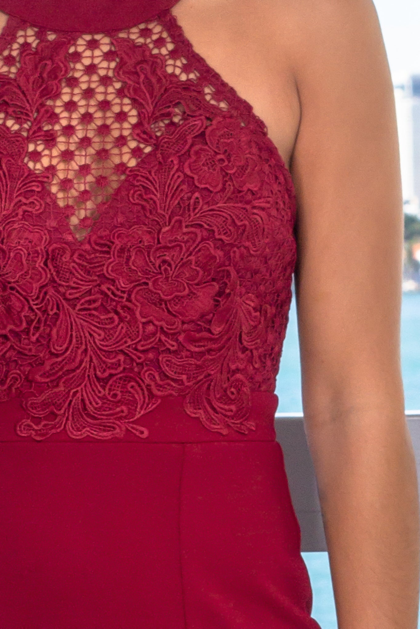 Stunning Burgundy Women's Maxi Dress Featuring Crochet Halter Top and Stylish Side Slit