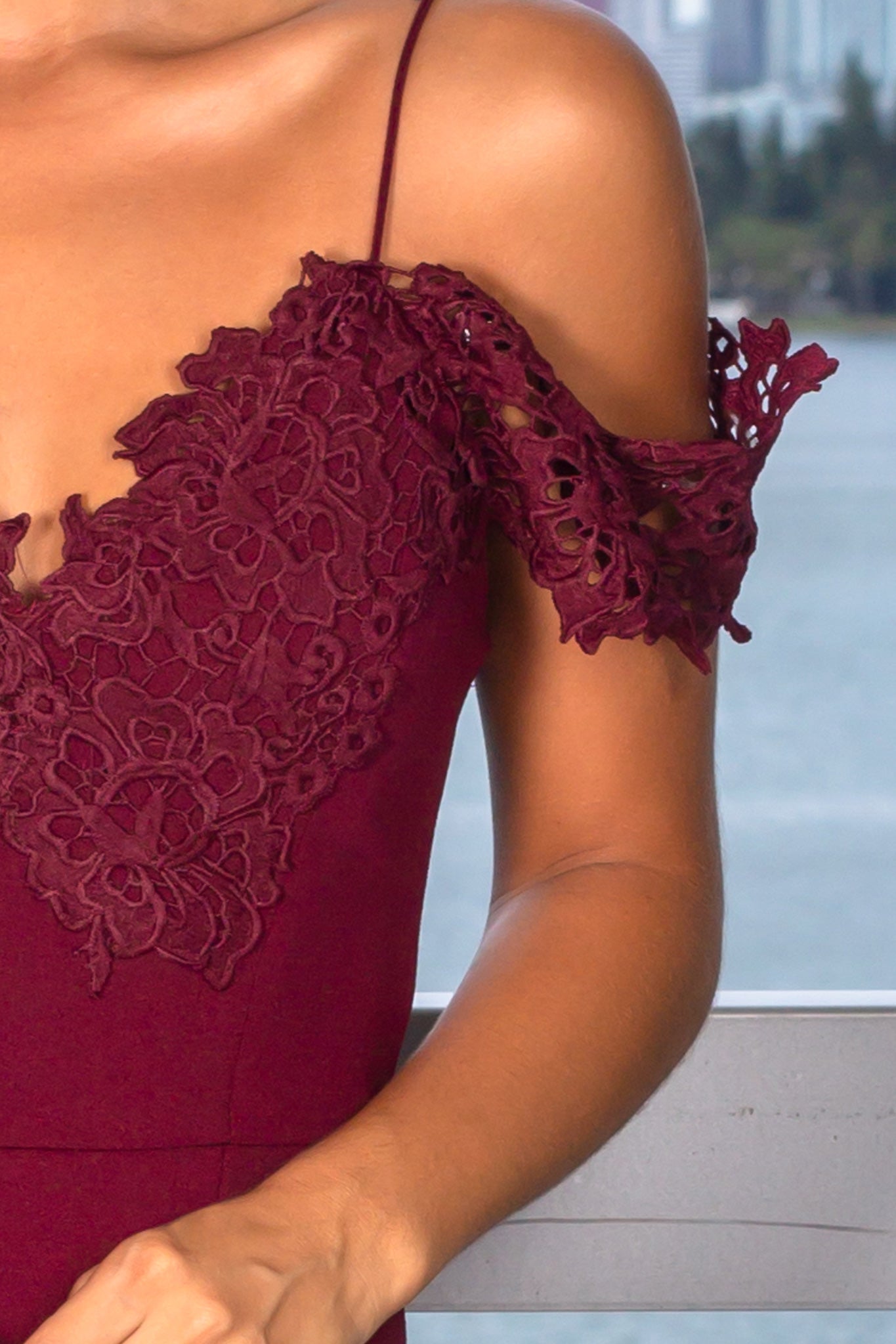 Stunning Burgundy Women's Off - Shoulder Crochet - Detailed Maxi Dress with Side Slit