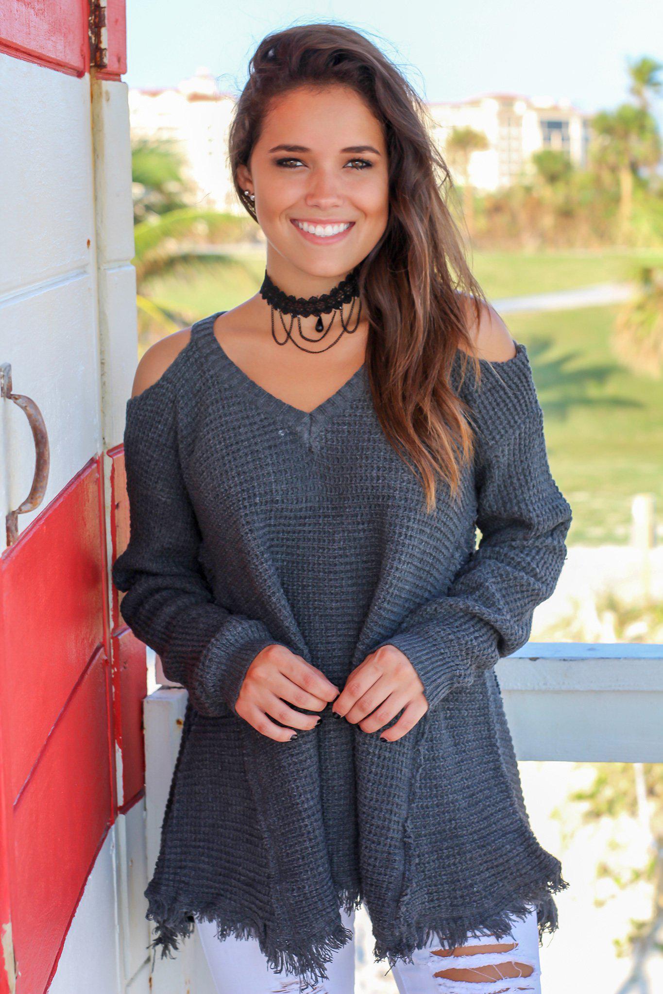 Charcoal Colored Knit Women's Cold Shoulder Casual Sweater for Everyday Wear