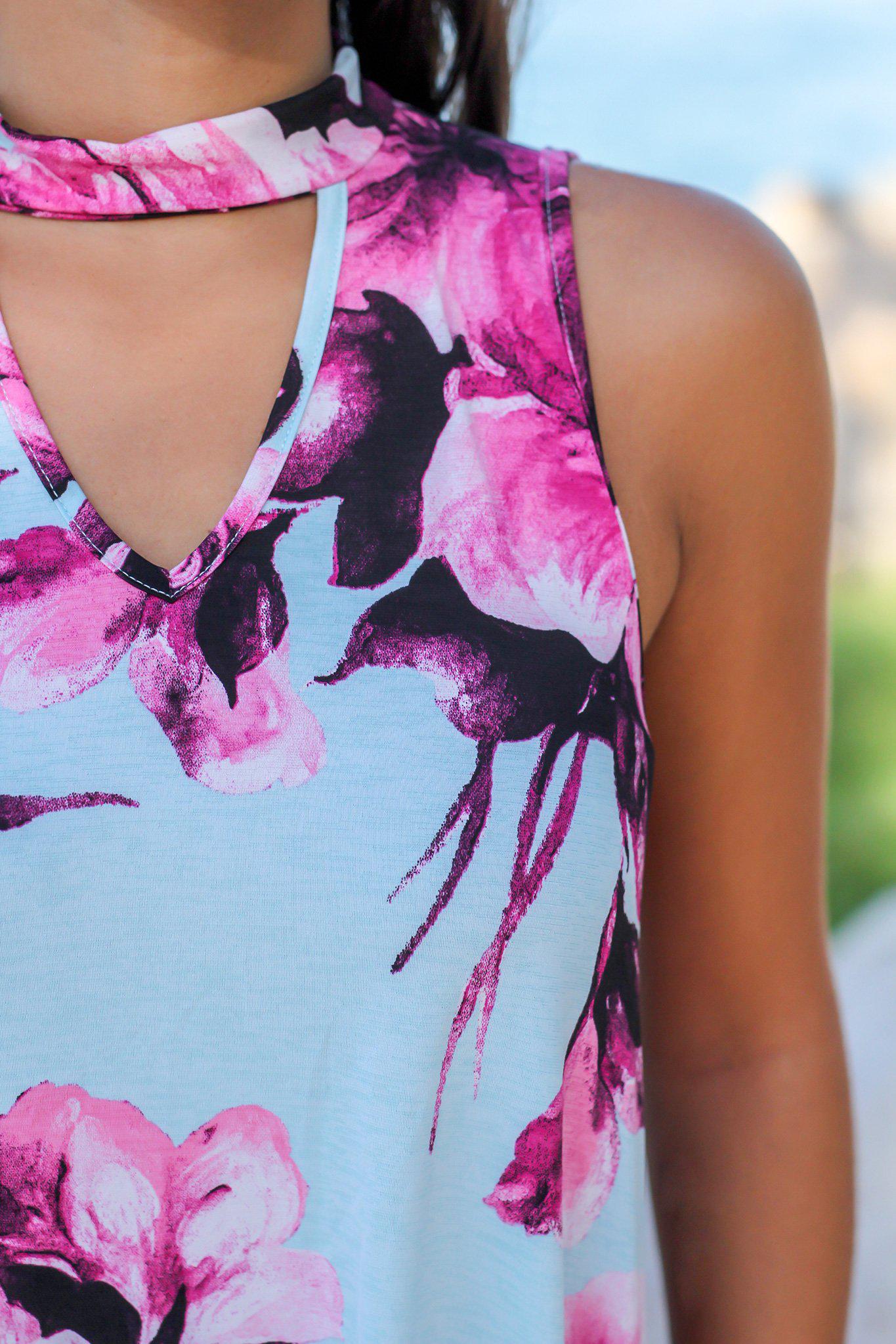 Charming Light Blue Floral Mock Neck Sleeveless Short Dress