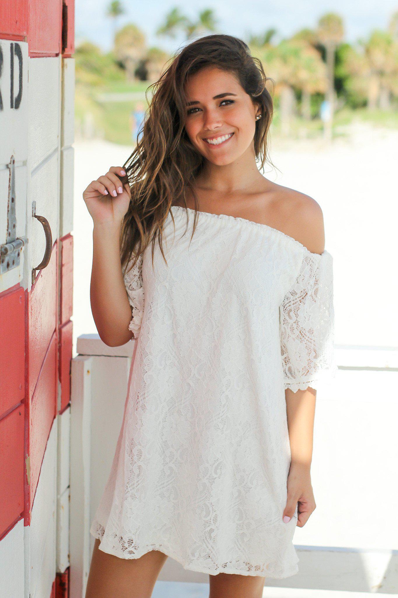 Adorable Ivory Off-Shoulder Short Lace Dress for Summer