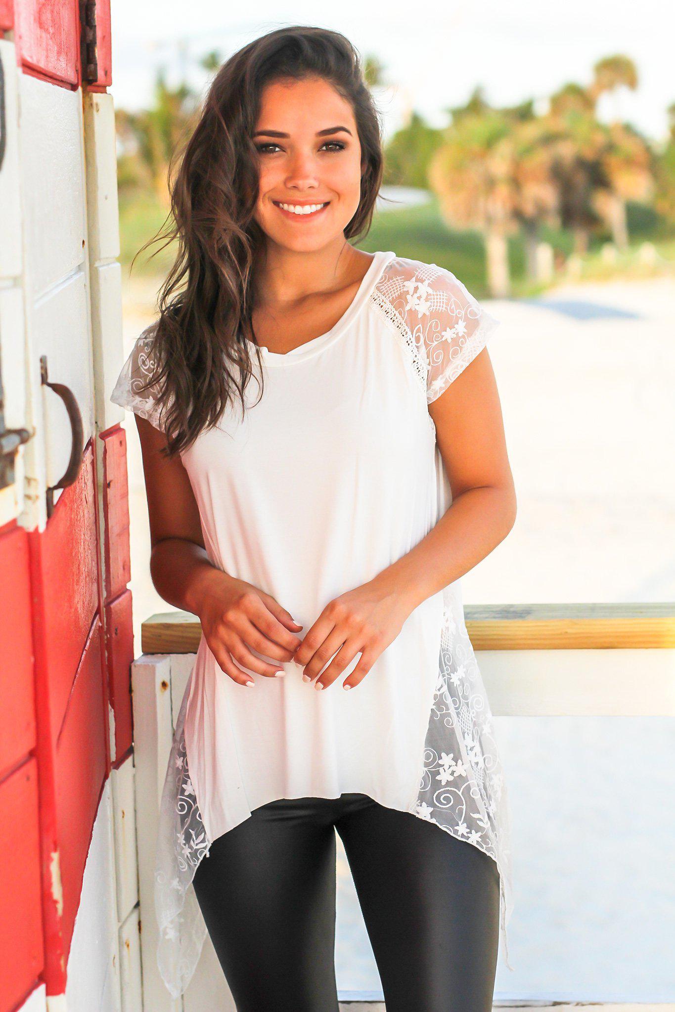 Charming Ivory Lace Top Featuring Asymmetrical Hem and Sheer Details