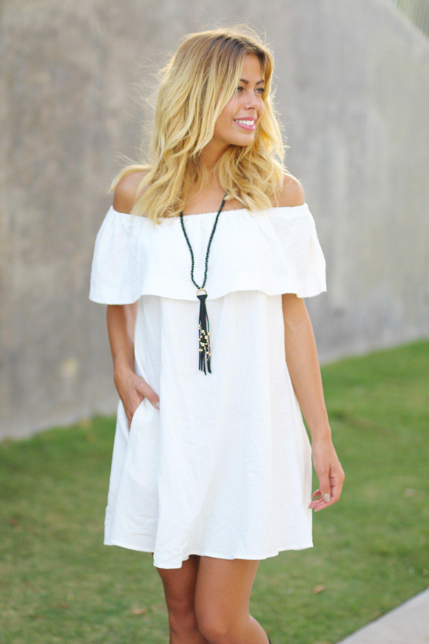 Stylish Ivory Off - Shoulder Ruffled Short Dress with Side Pockets