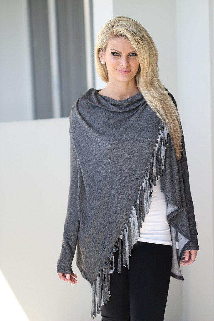 Charcoal Women's Fashion Fringe Wrap Style Long Sleeve Top