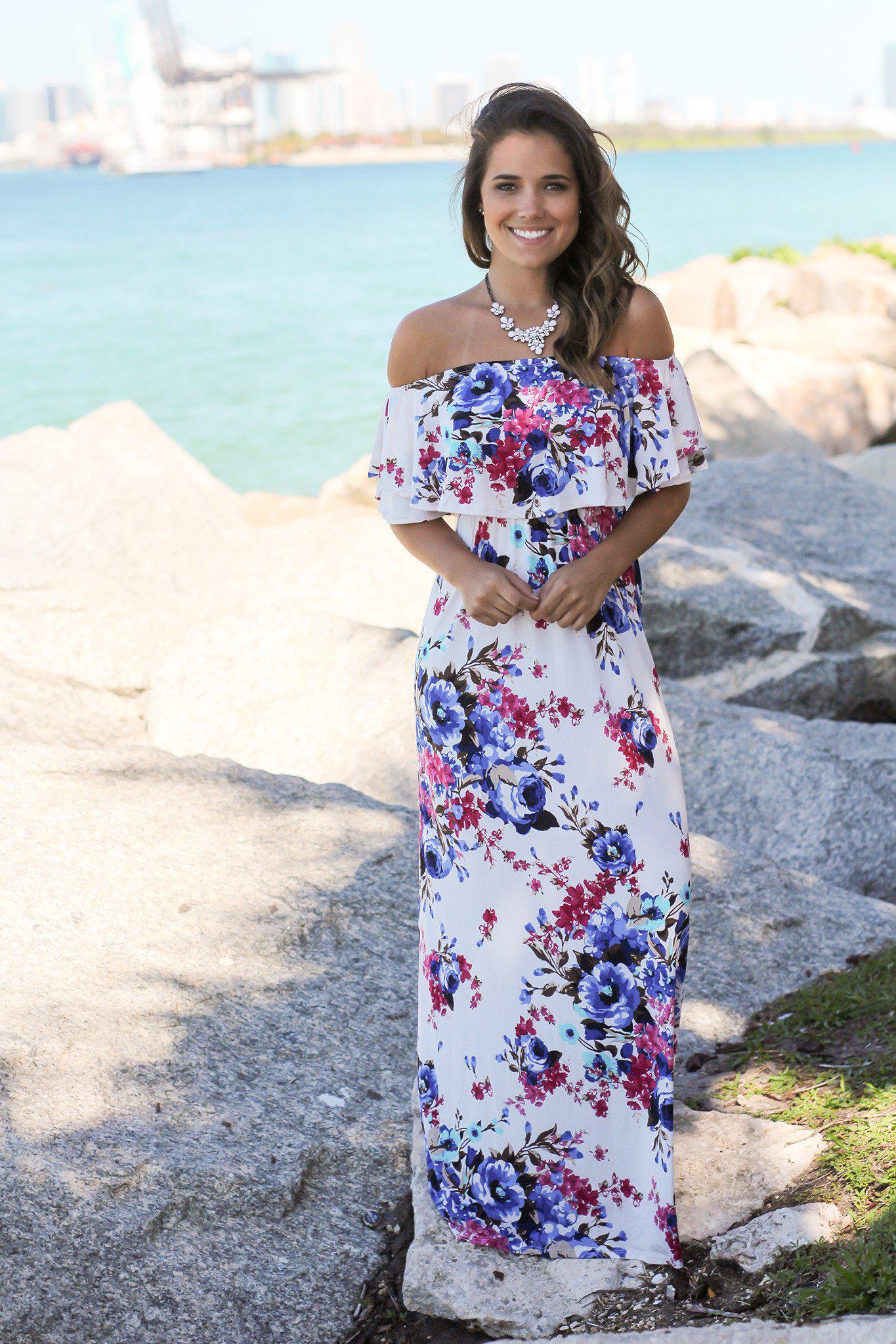 Charming Ivory Floral Off - Shoulder Maxi Dress for Spring and Summer