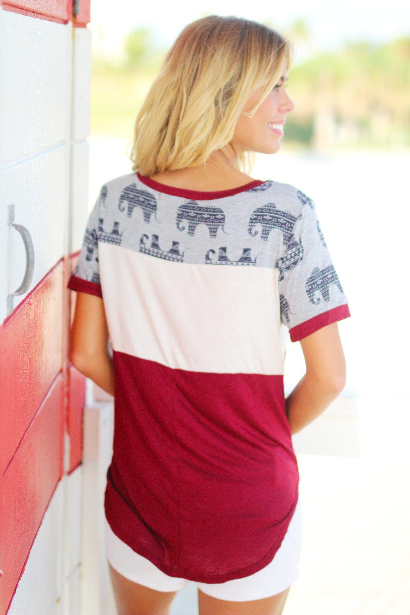 Charming Burgundy Elephant Print Loose-Fit Women's Top