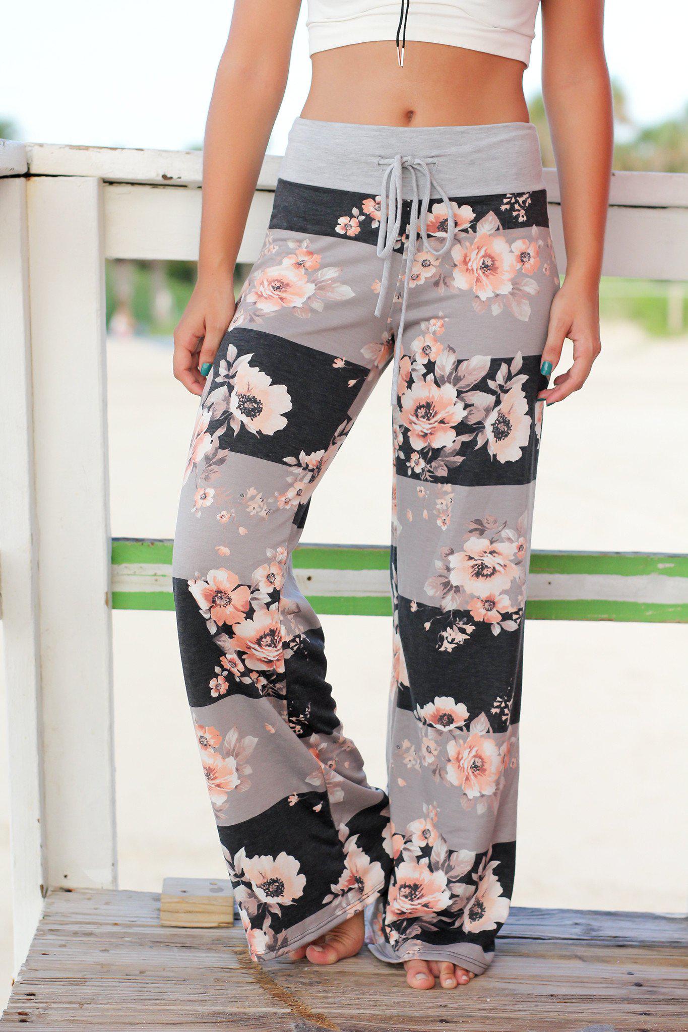 Stylish Charcoal Floral and Striped Women's Casual Pants