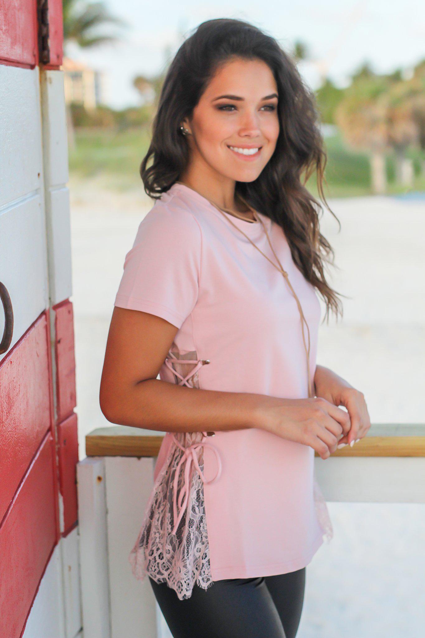 Fashionable Women's Blush Colored Top with Stylish Lace Up Sides