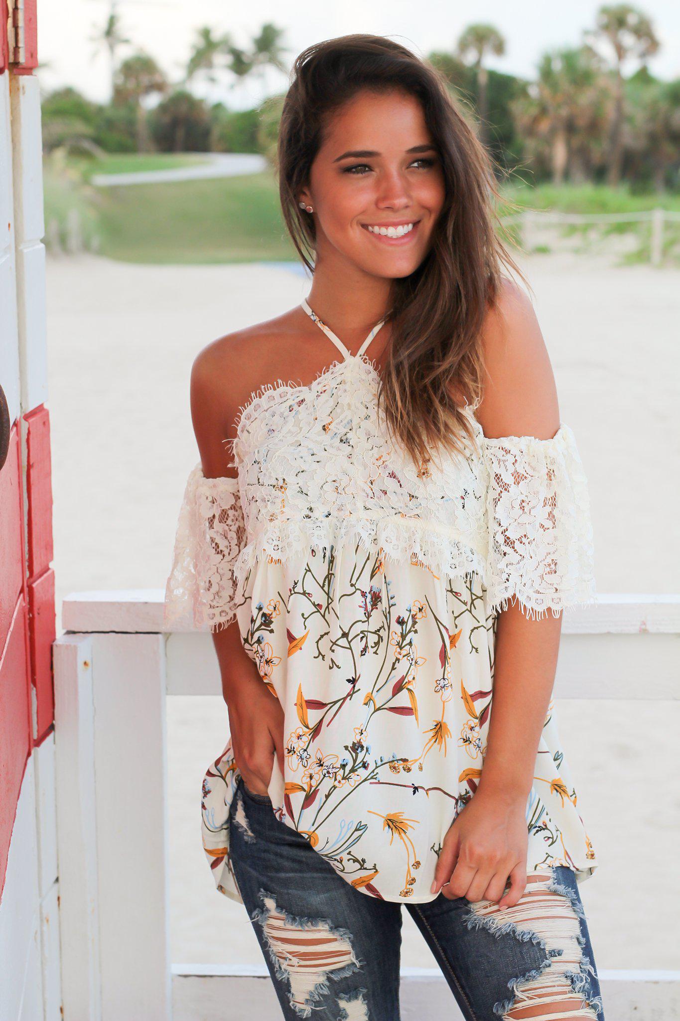 Elegant Ivory Floral Women's Halter Neck Top with Delicate Lace Sleeves