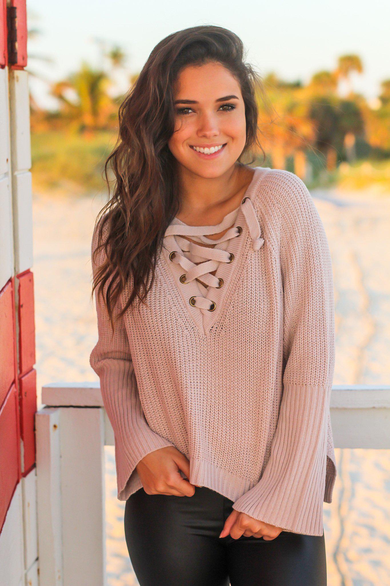 Stylish Mauve Acrylic-Cotton Knit Lace Up Bell Sleeve Sweater for Fall and Winter