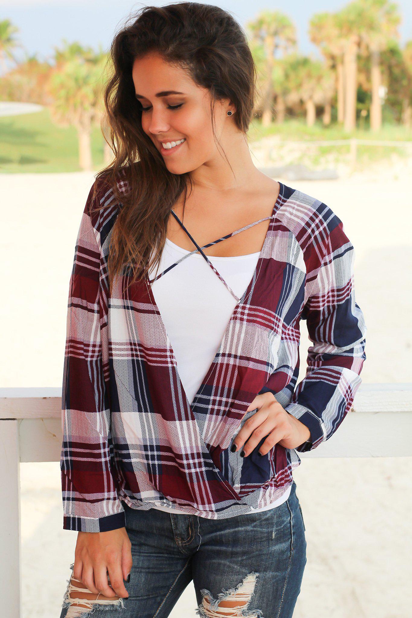 Stylish Burgundy, Navy, and Ivory Plaid Criss Cross Draped Long - Sleeve Top