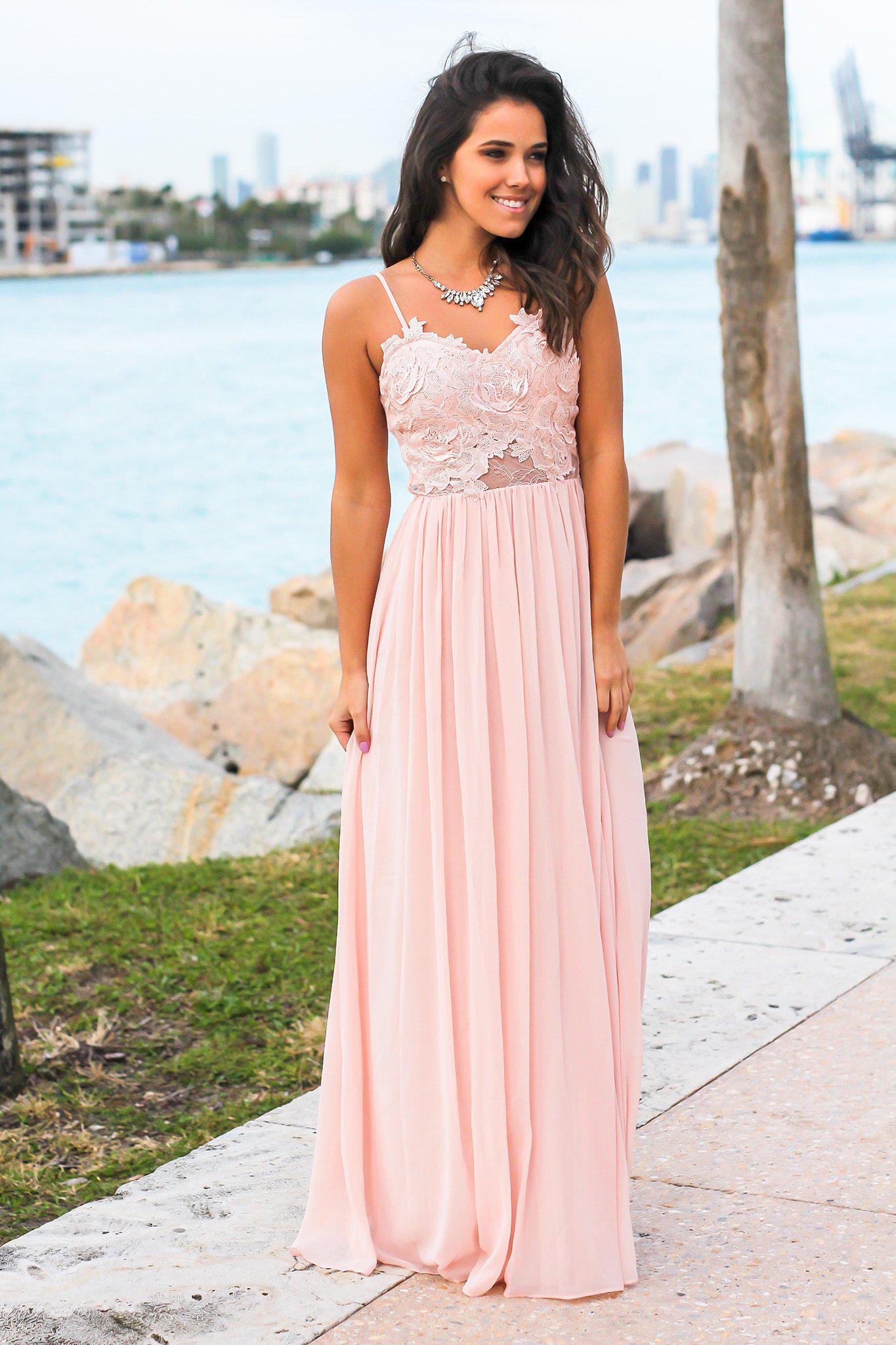 Gorgeous Blush Strapless Crochet - Top Maxi Dress with Flowy Skirt