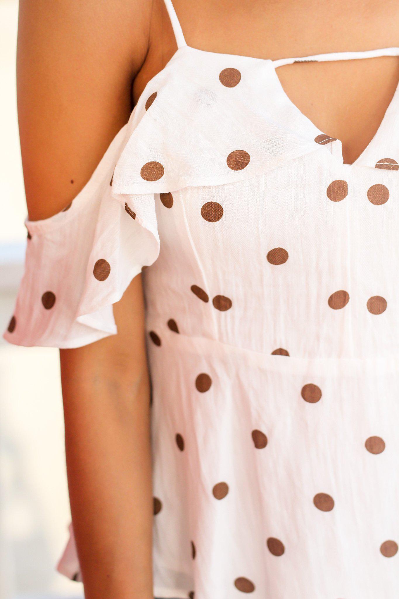 Stylish Ivory and Taupe Polka Dot Open-Shoulder Short-Sleeve Top