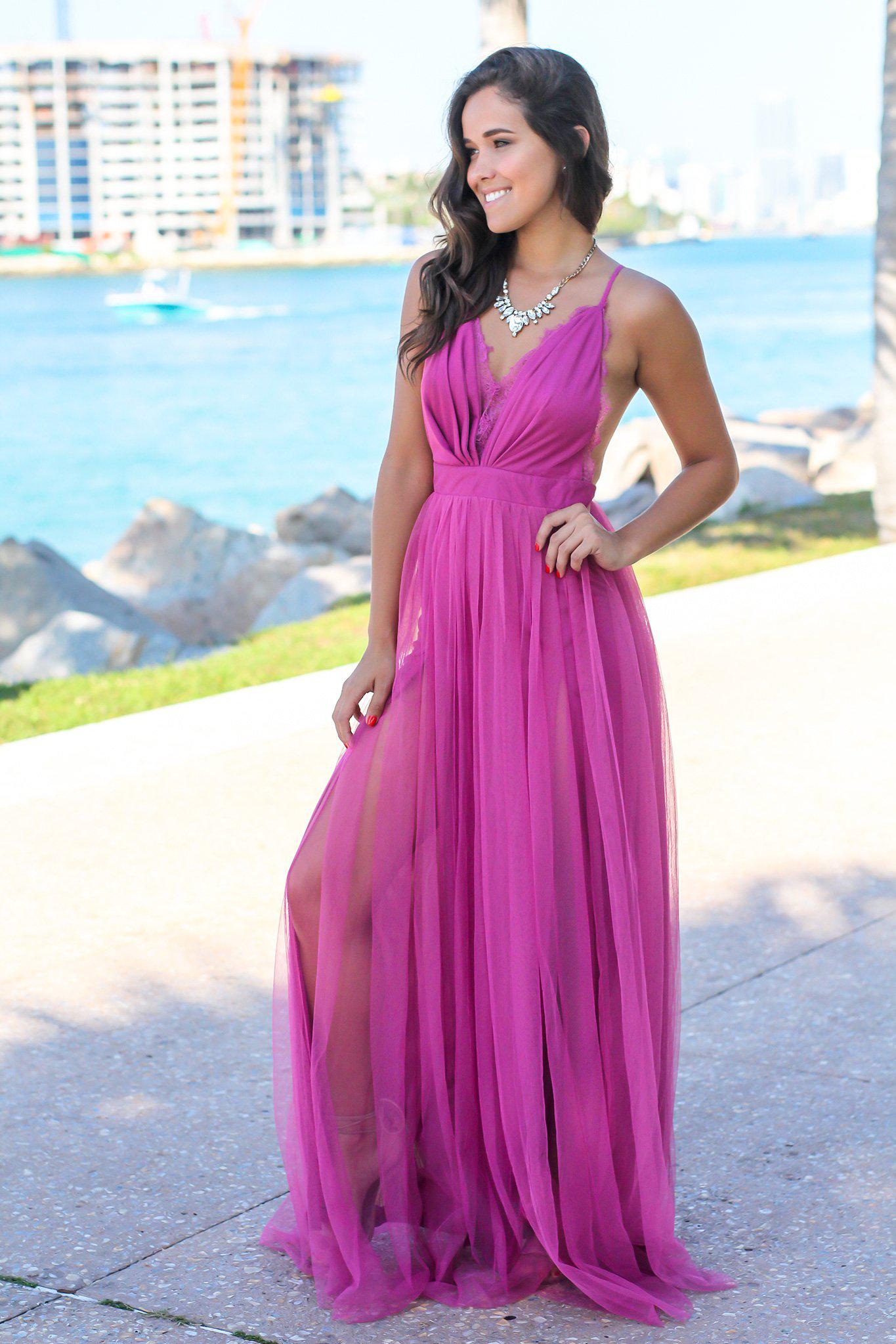 Gorgeous Magenta Tulle Maxi Dress with Elegant Lace Accents
