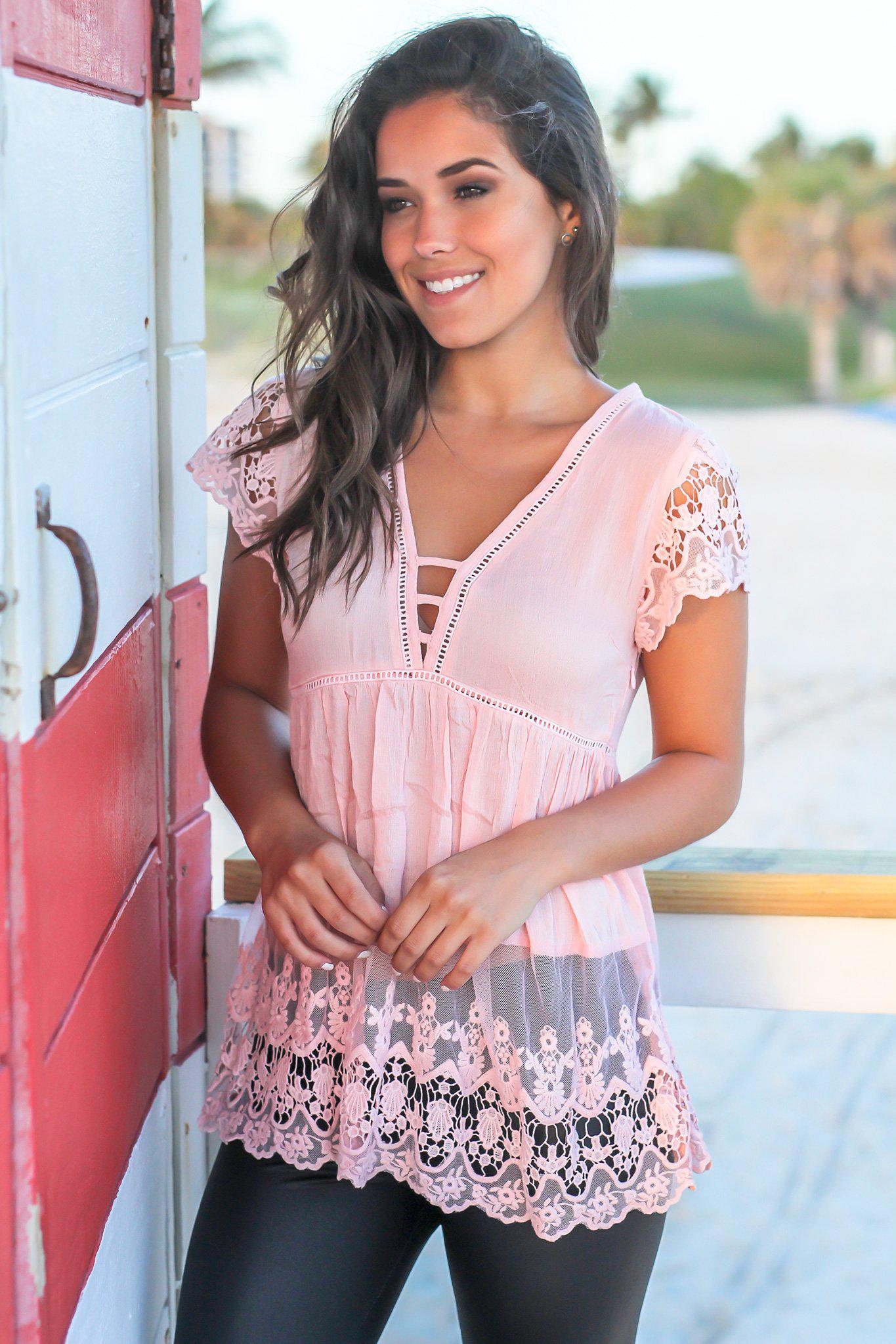 Adorable Blush V-Neck Crochet-Trimmed Top for a Feminine Look