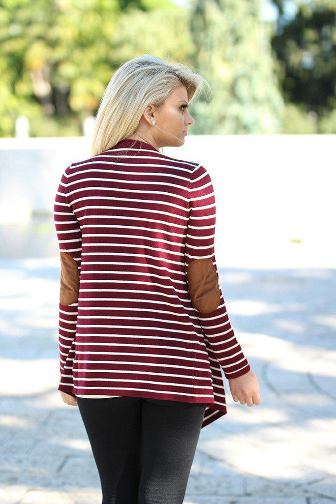 Stylish Burgundy Striped Cardigan with Chic Elbow Patches