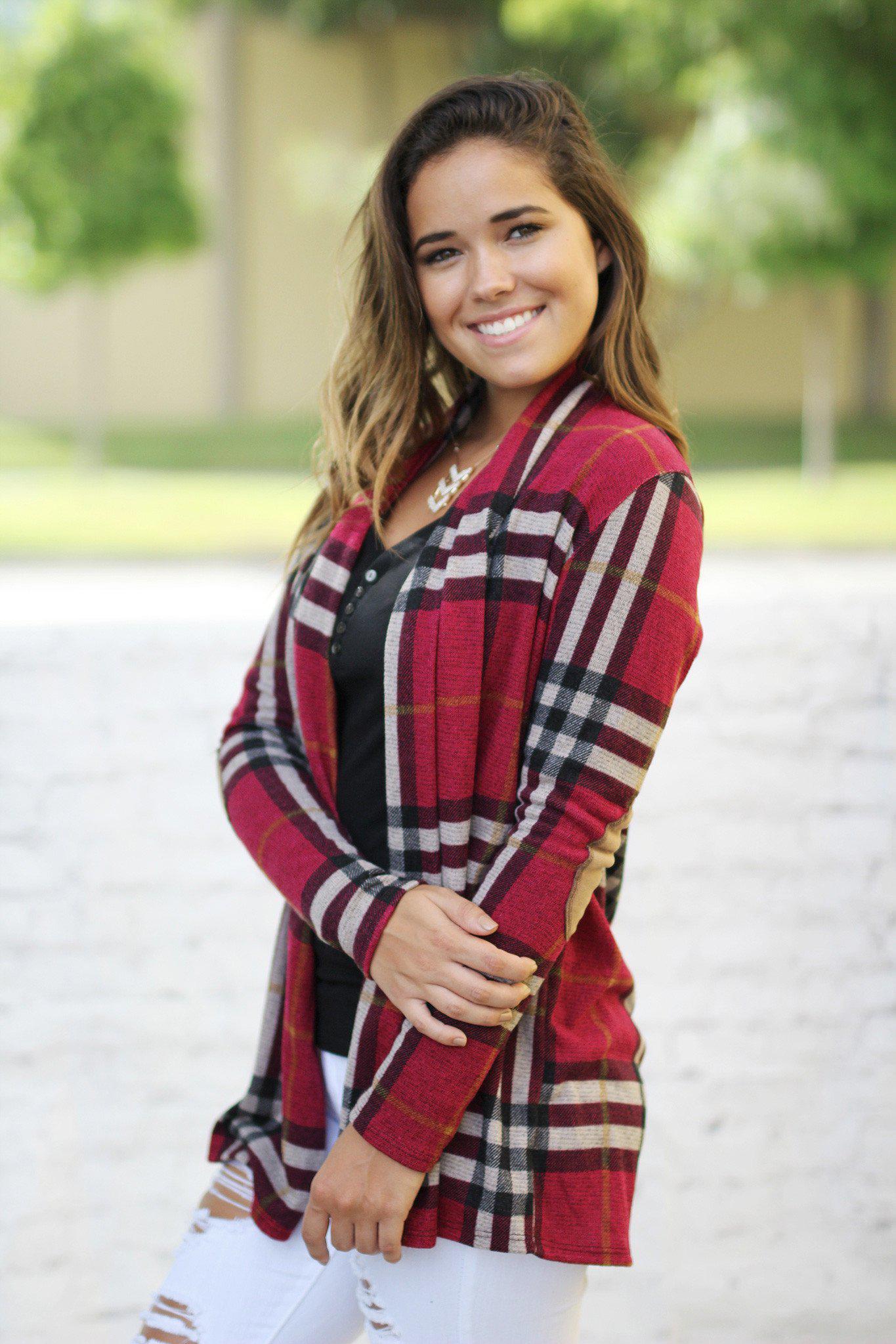 Stylish Burgundy Checkered Cardigan Featuring Elbow Patches for Fashion - Forward Individuals