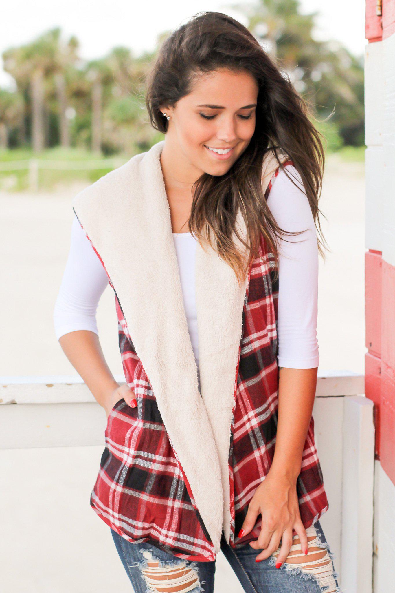 Stylish Burgundy Plaid and Faux Fur Reversible Winter Vest for Fall and Winter Fashion