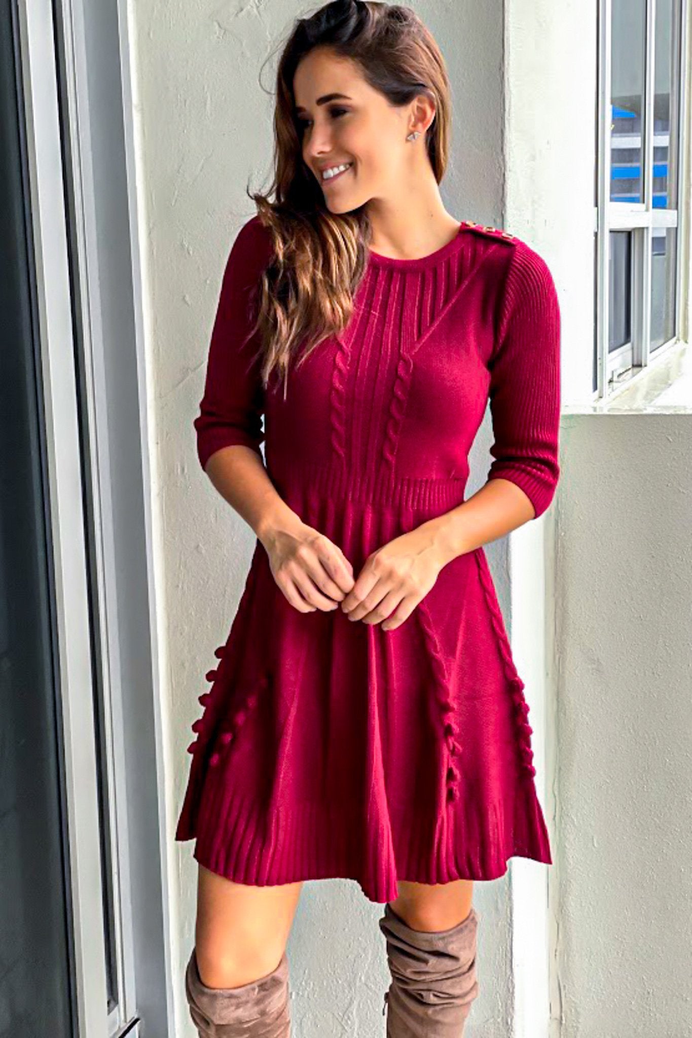 Stylish Burgundy Women's Sweater Dress with Decorative Button Detail