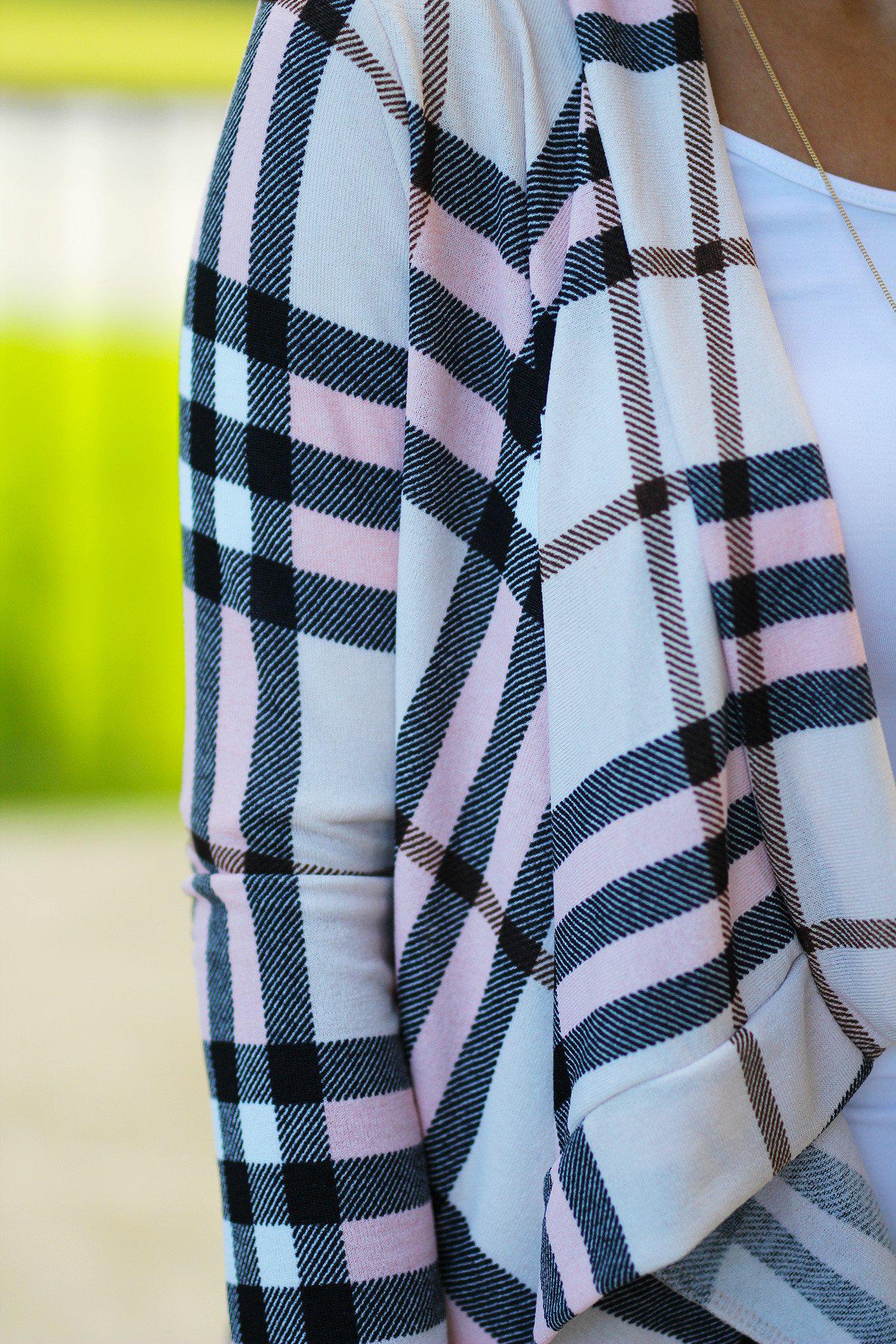 Soft and Lightweight Blush Beige Black White Taupe Plaid Open Cardigan