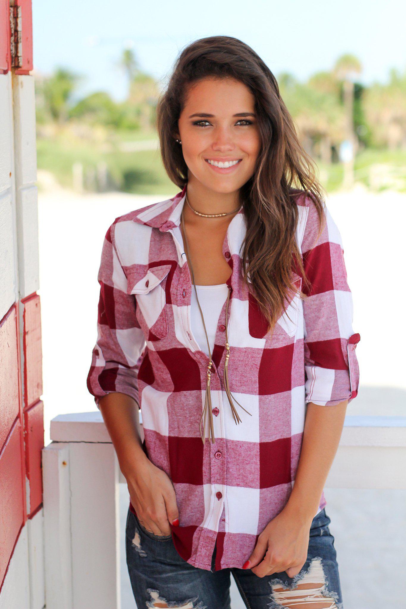 Stylish Burgundy and White Checkered Long - Sleeve Button - Up Women's Top