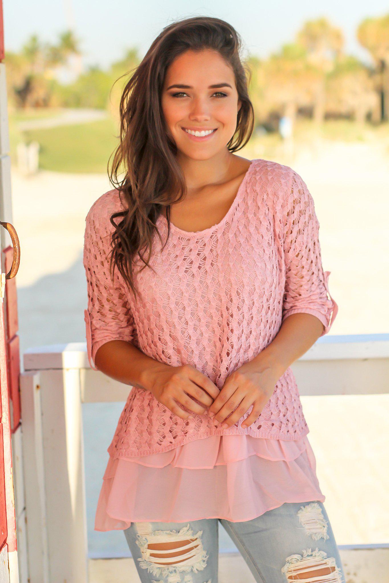 Charming Mauve Crochet Sweater with Adorable Ruffled Hem