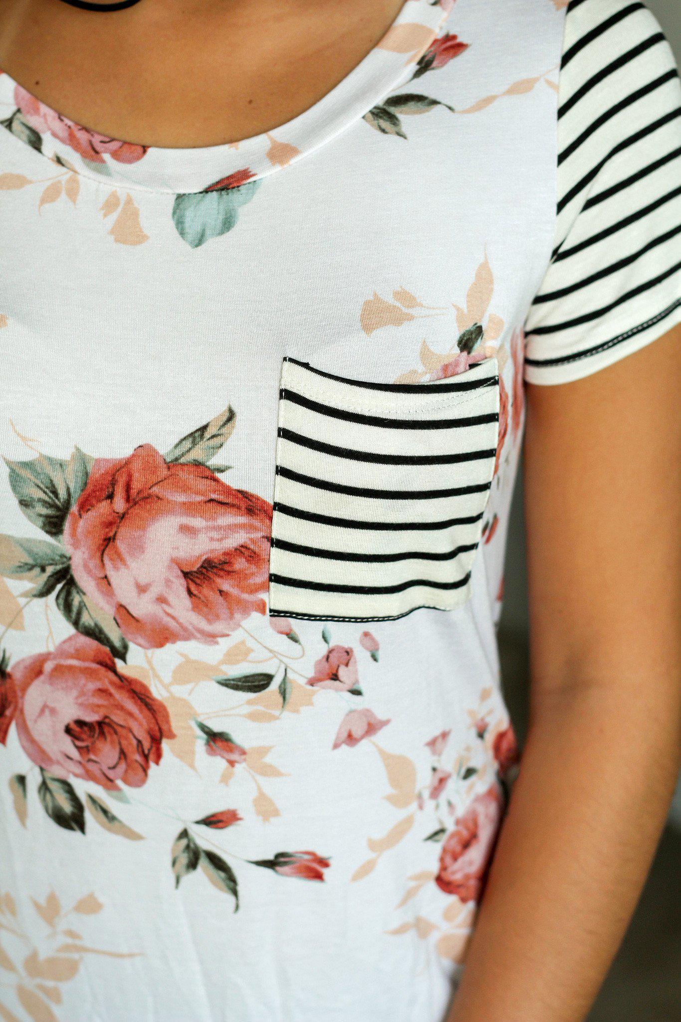 Stylish Ivory Floral Women's Top Featuring Striped Sleeves
