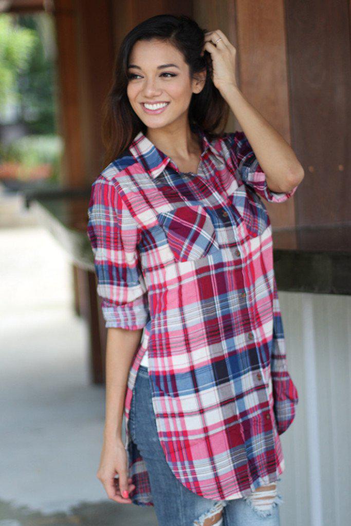 Fashionable Magenta Long Plaid Women's Top
