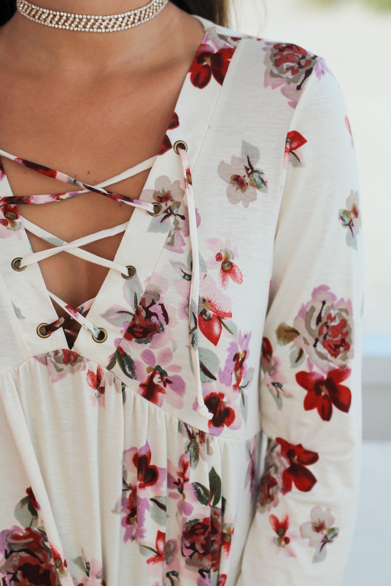 Exquisite Ivory Floral Lace-Up Long-Sleeve Women's Blouse Top