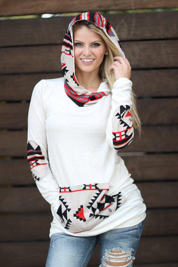 Soft Ivory Aztec Printed Hoodie with Front Pocket and Elbow Patches