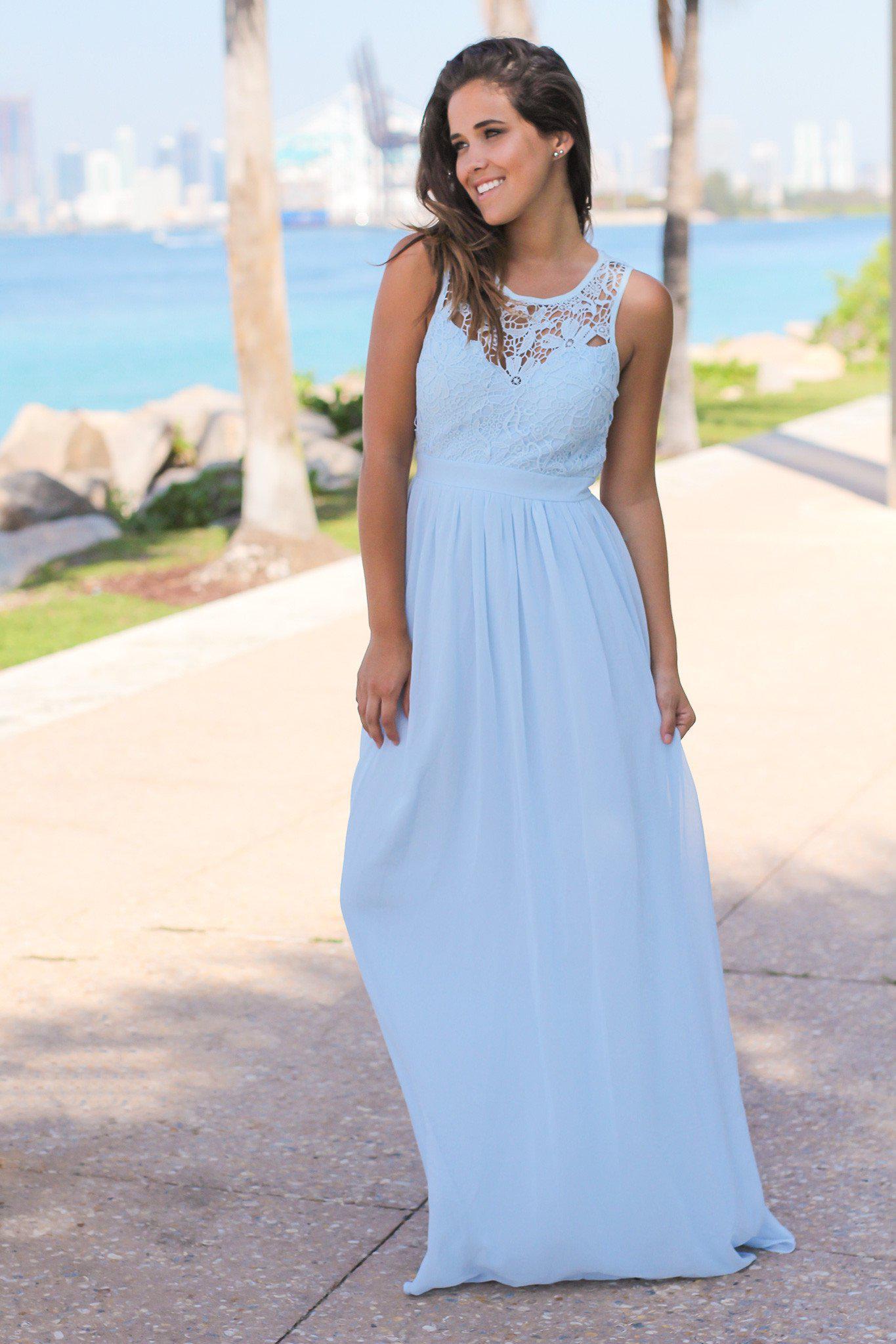 Gorgeous Light Blue Hand - Crocheted Maxi Evening Dress with an Alluring Open Back