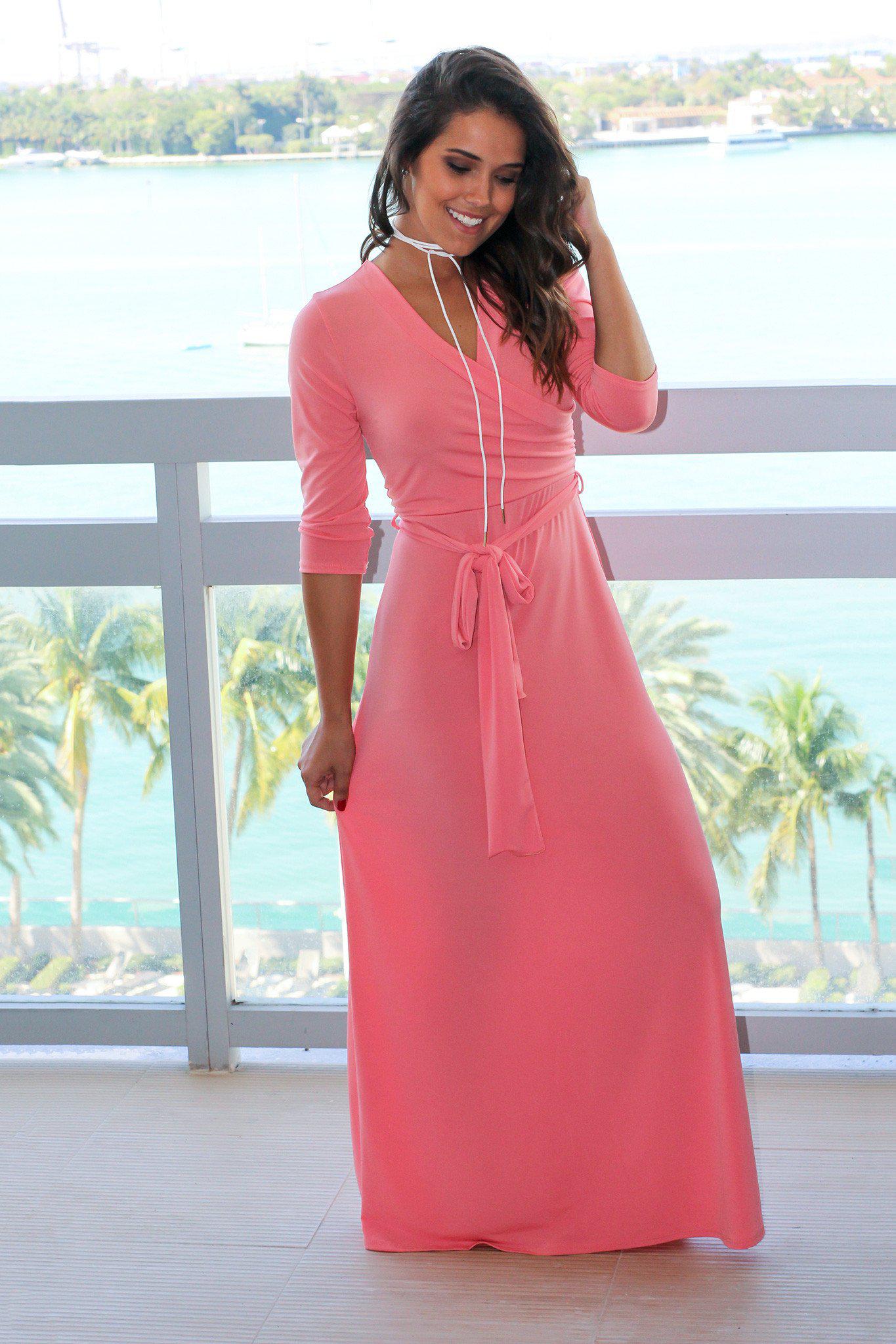 Stunning Light Coral Wrap Style Maxi Dress for Work or Date Night