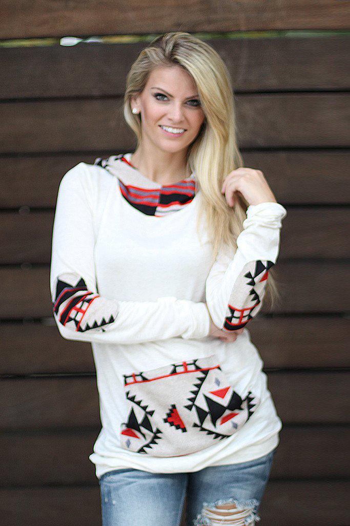 Soft Ivory Aztec Printed Hoodie with Front Pocket and Elbow Patches