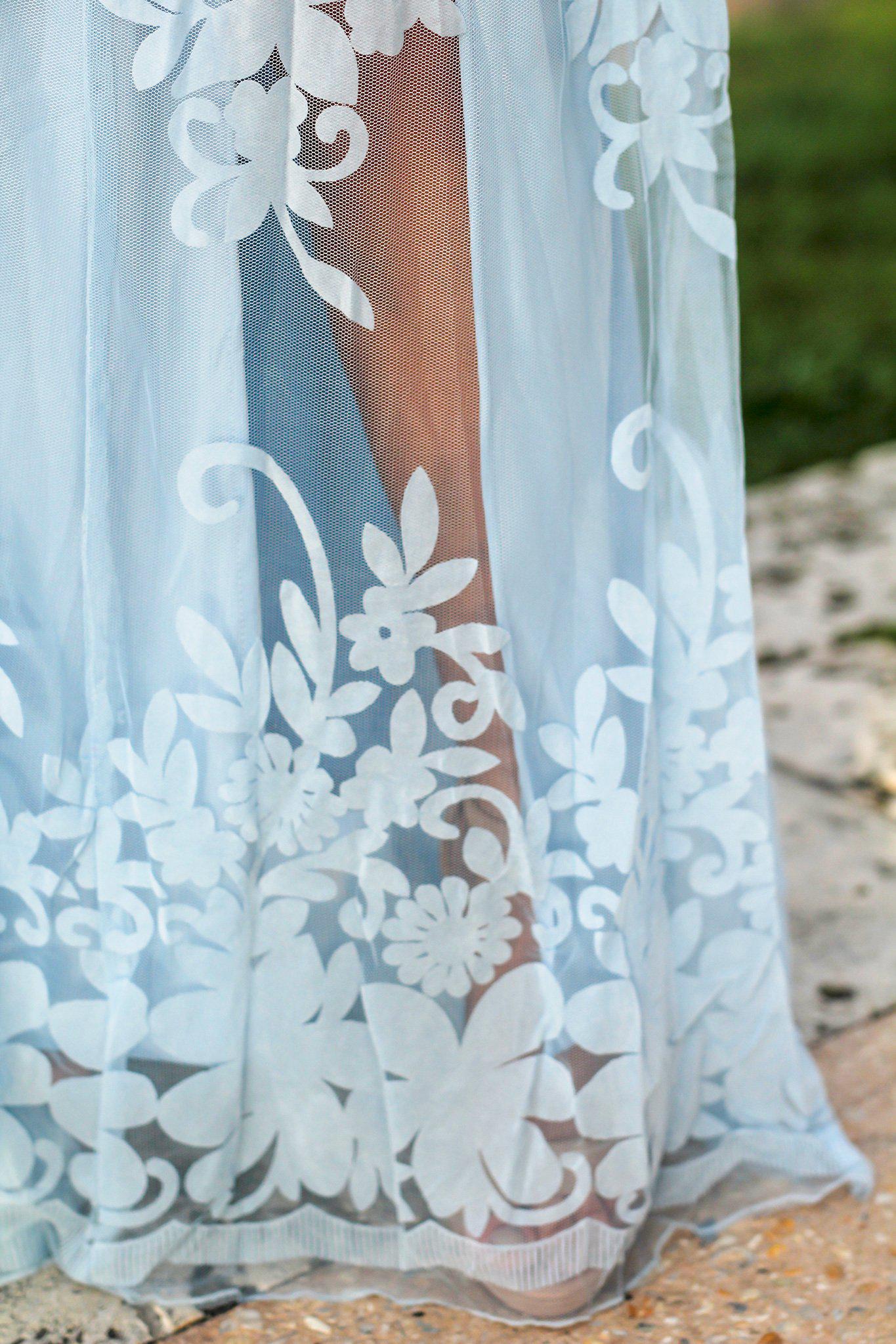 Gorgeous Light Blue Floral-Printed Tulle Long Maxi Dress for Women with Criss Cross Back Design