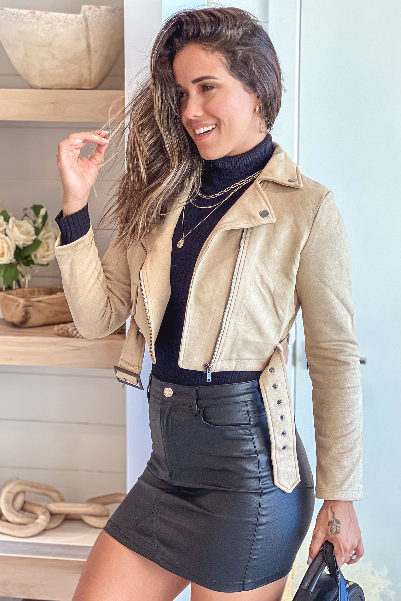 Stylish Khaki Cropped Belted Moto Jacket for Fashion Lovers