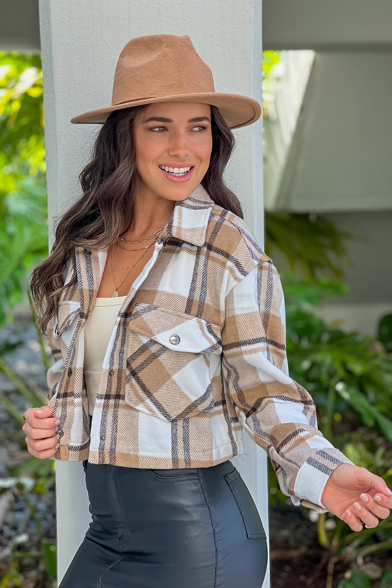 Adorable Camel-Colored Cropped Plaid Jacket with Snap Buttons and Pockets