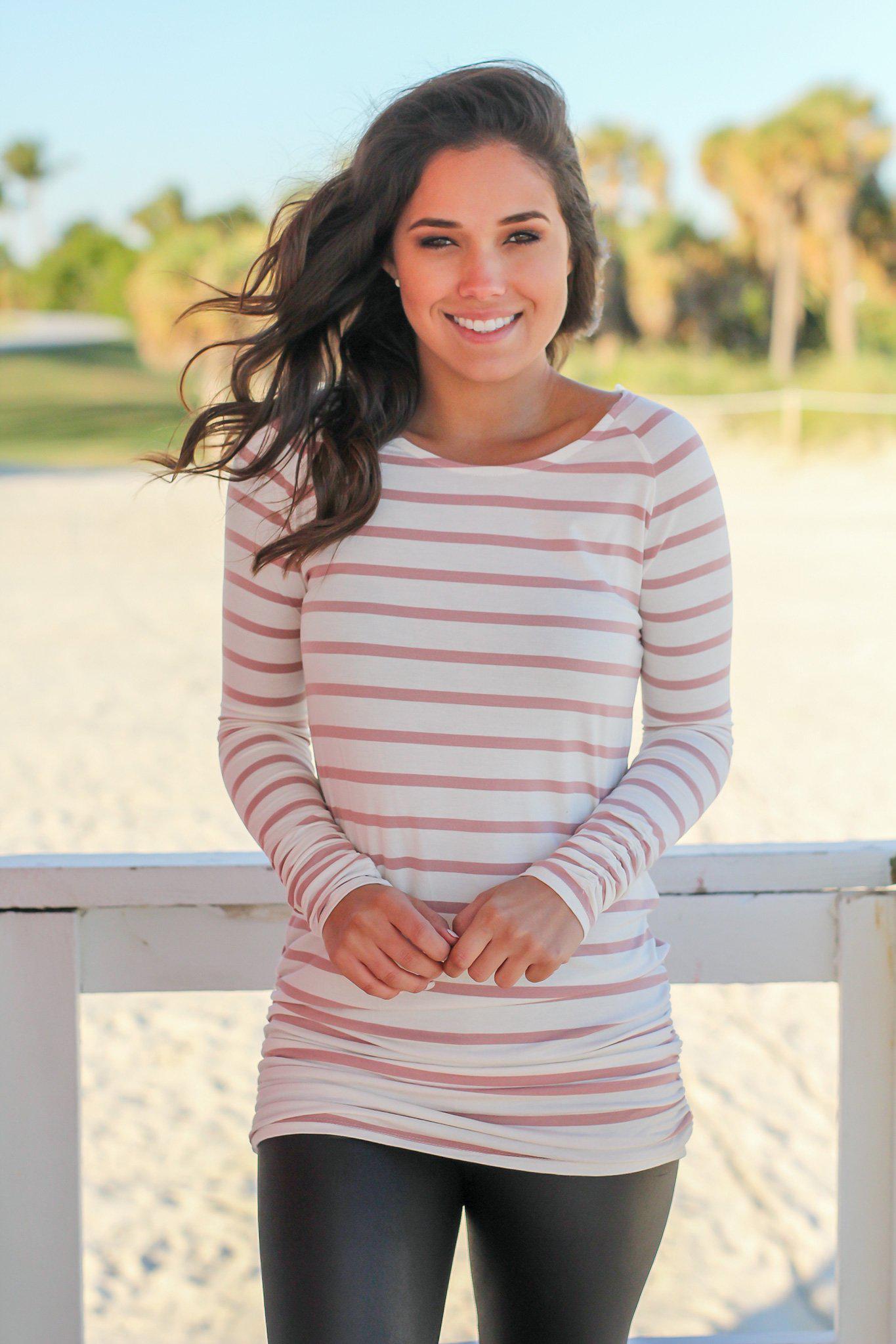 Fashionable Mauve and White Striped Ruched Women's Tunic Top