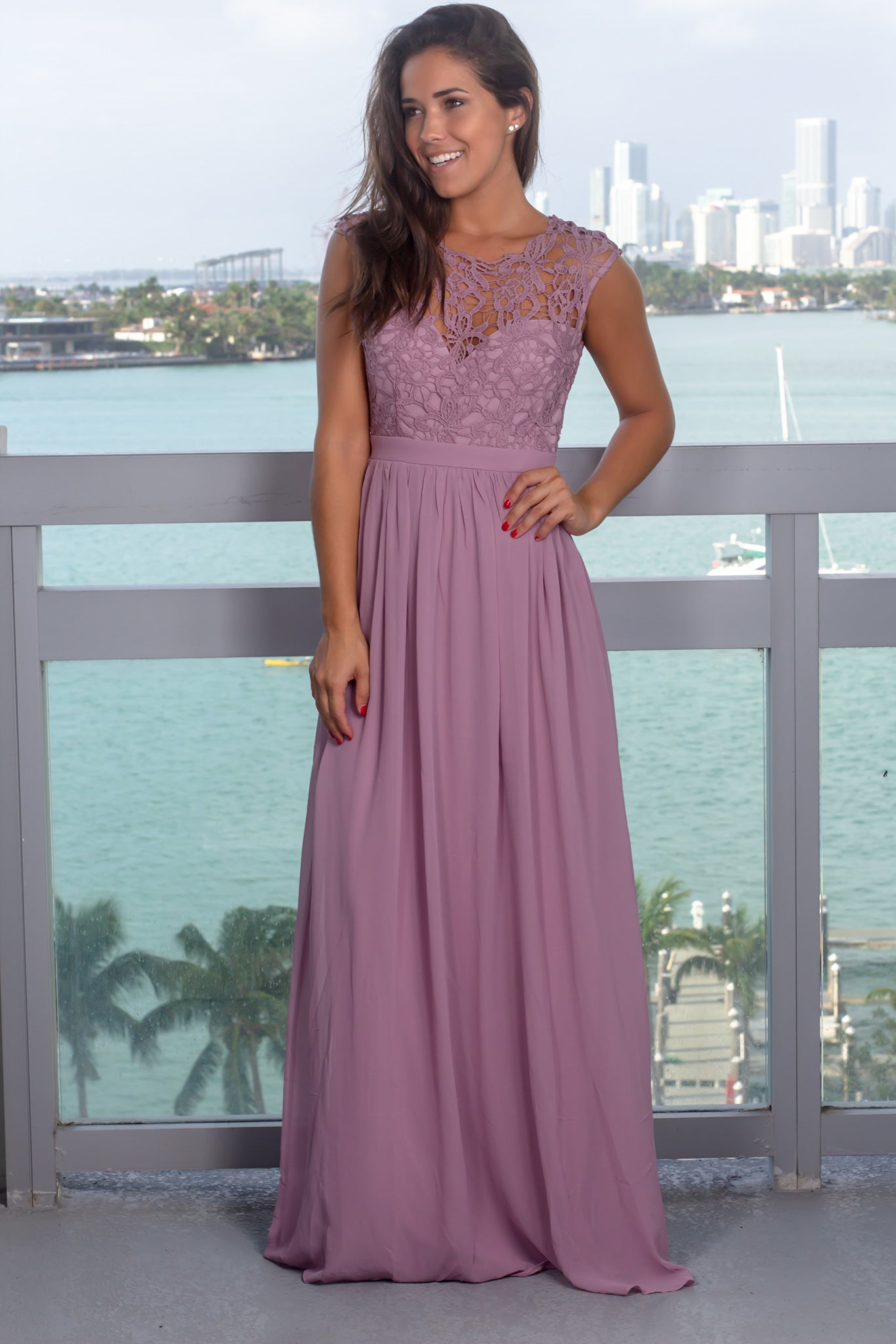 Elegant Mauve Crochet Maxi Dress with Stunning Tulle Back