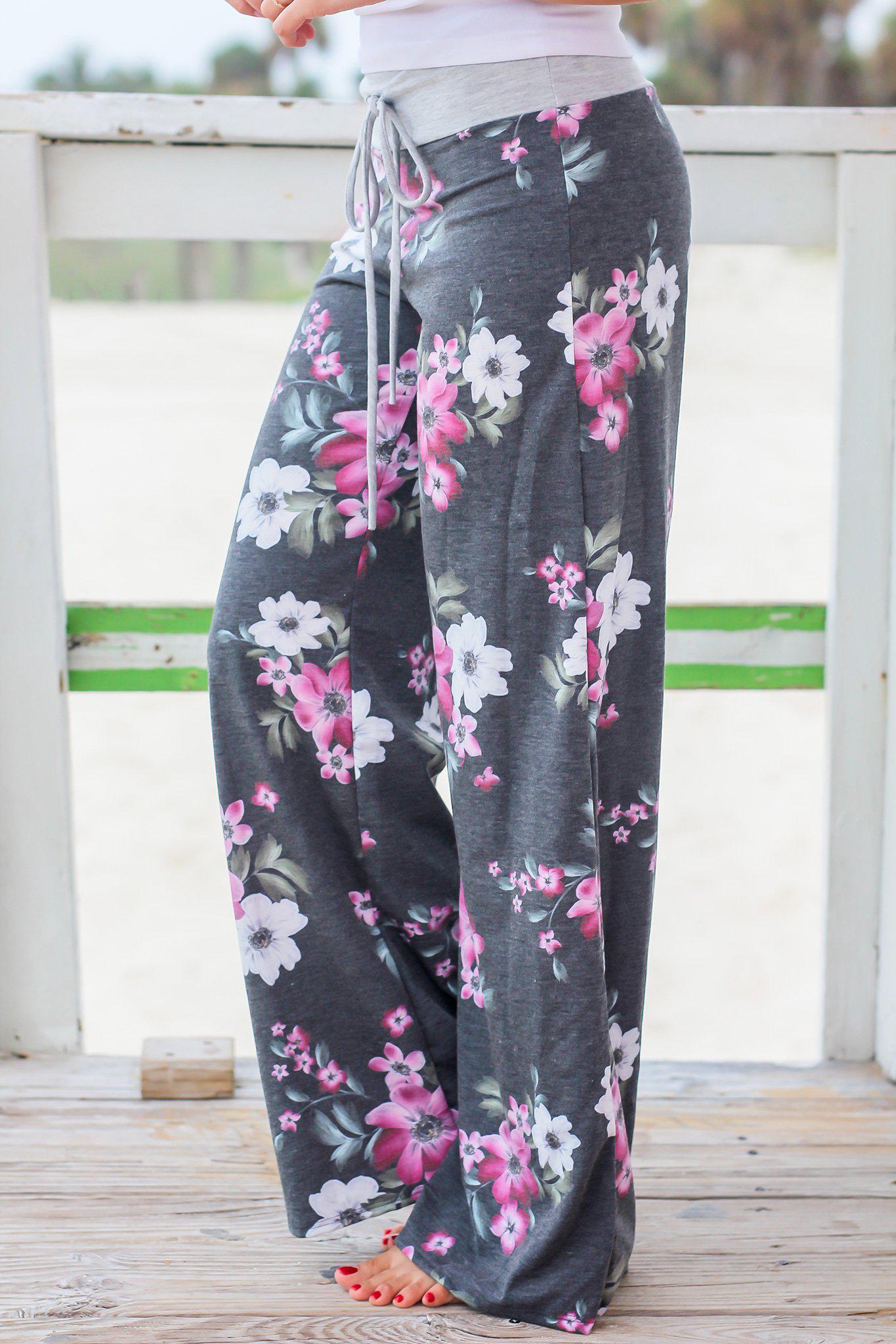 Stylish Charcoal and Purple Floral Patterned Wide - Leg Pants