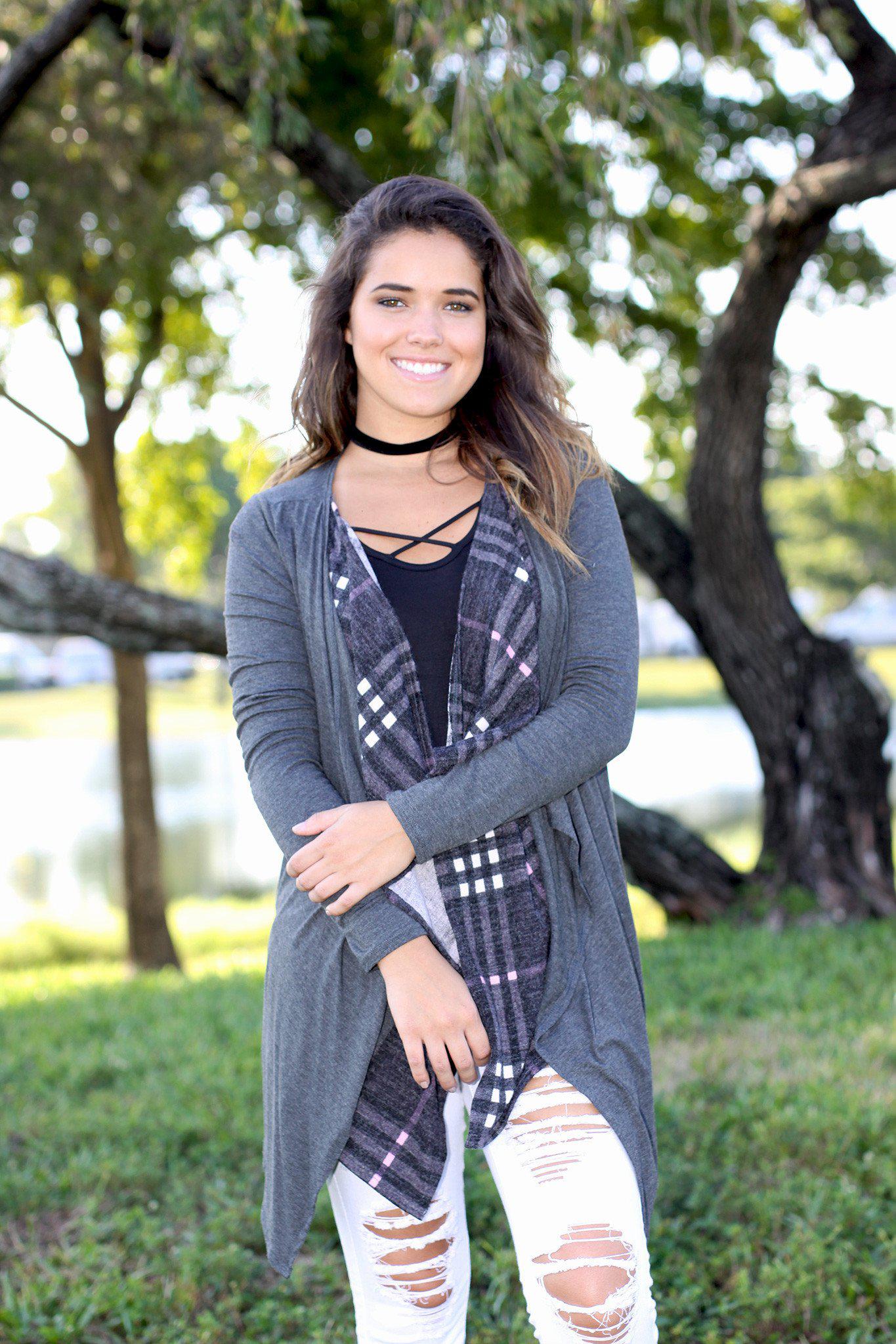 Stylish Charcoal Double - Layer Asymmetrical Plaid Cardigan