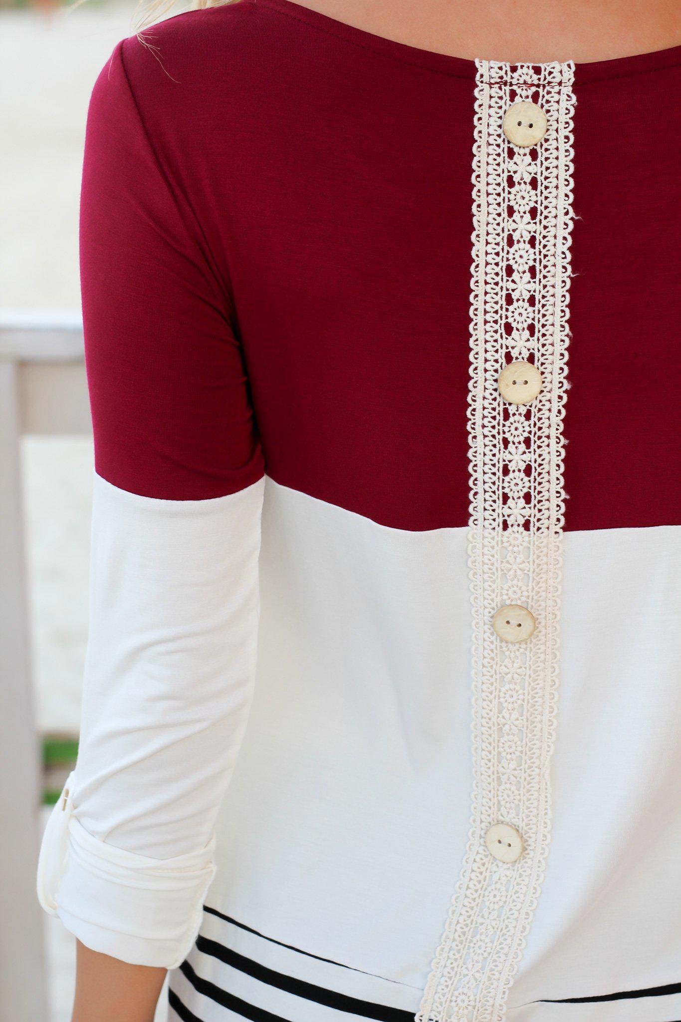 Stylish Burgundy Top with Crochet Back Detail and Buttons
